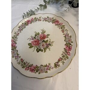 James Kent Old Foley Harmony Rose Cake Plate England Pink White Roses Fluted